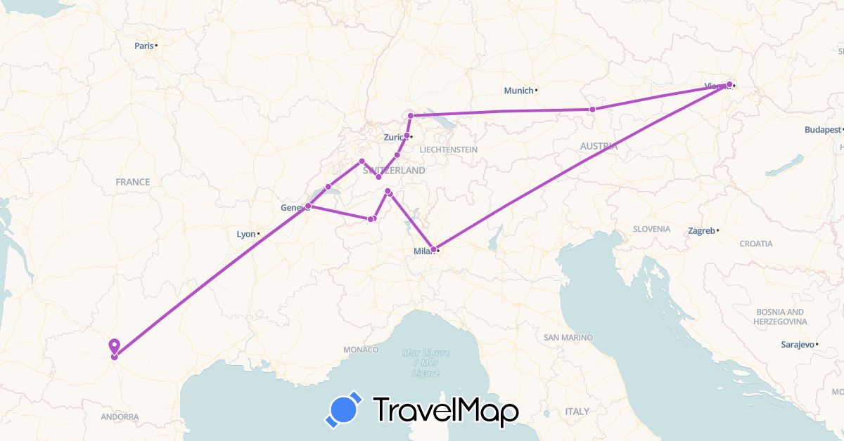 TravelMap itinerary: driving, train in Austria, Switzerland, France, Italy (Europe)